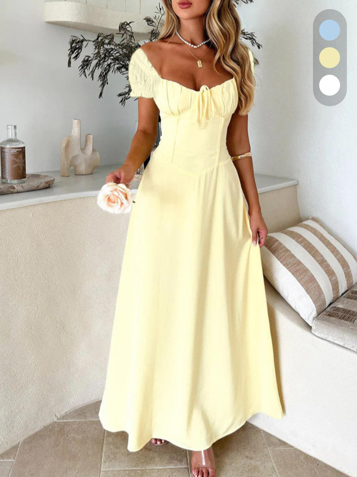Women's Casual Off-Shoulder Short Sleeve Corset Maxi Dress - Square Neck, Back Tie-Up, Drawstring Bust, Comfortable Cute Flowy Poly-Elastane Cocktail Dress for Wedding Guests, Party Occasions