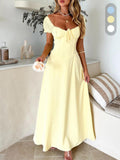 Women's Casual Off-Shoulder Short Sleeve Corset Maxi Dress - Square Neck, Back Tie-Up, Drawstring Bust, Comfortable Cute Flowy Poly-Elastane Cocktail Dress for Wedding Guests, Party Occasions