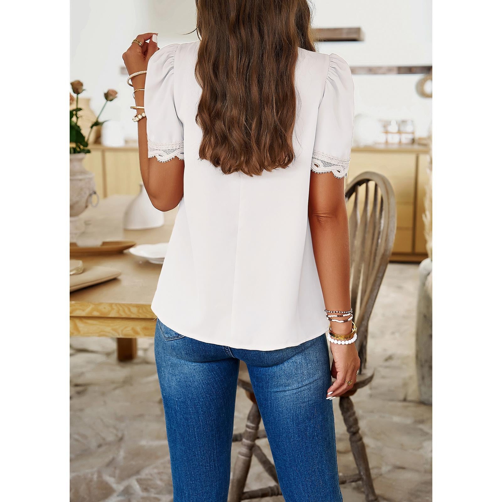 Women's Mock Neck Puff Short Sleeve Blouse, Elegant Lace Trim Pleated Front Loose Fit Summer Chiffon Tunic Top for Office Casual