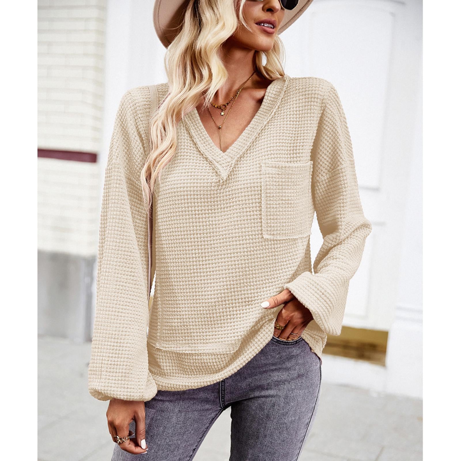Women's Waffle Knit Raw Edge V-Neck Long Sleeve Blouse with Balloon Cuffs, Casual Loose Fit, Chest Pocket