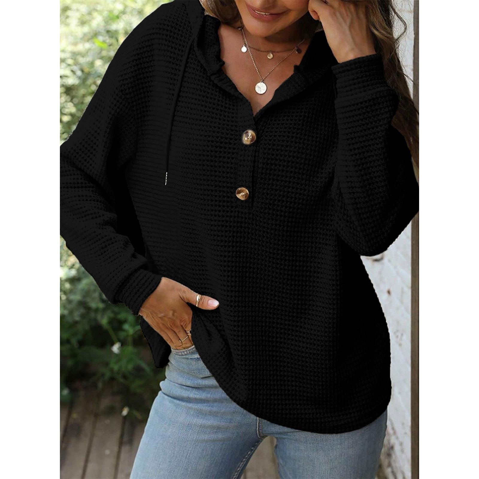 Women's Waffle Knit Henley Hoodie Long Sleeve Drawstring Button V Neck Casual Loose Fit Basic Tops