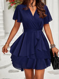 Women's Breathable Soft Chiffon Wrap V-Neck Mini Dress - Short Flutter Sleeves, Tiered Ruffles, Belted, 1-Piece Casual Evening Cocktail Formal Dress with Zipper