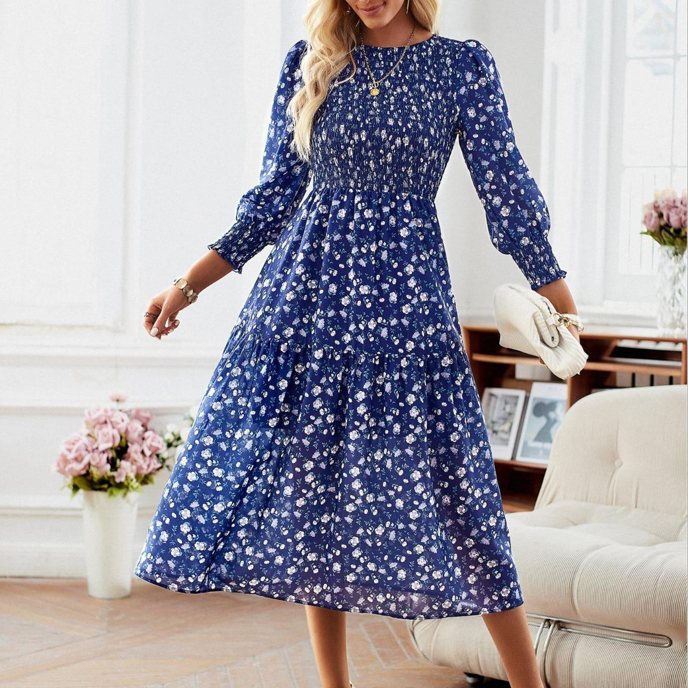 Women's Chic Traditional Colorful Flower Print Casual Boho Ruffle A-Line Mid-Length Dress - Round Neck, Shirred, Beach Wear, Womens Dresses,sohochic