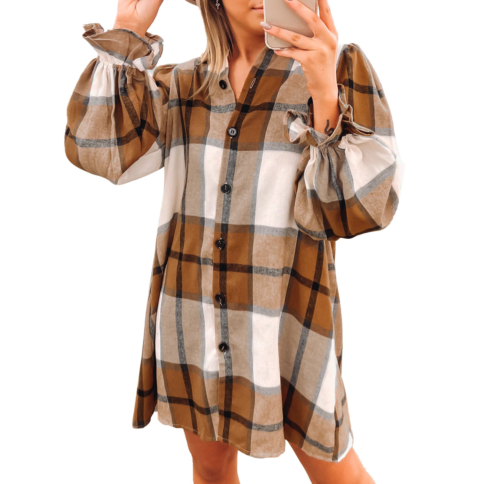 Women's Long Sleeve Flannel Plaid Button Down Shirts Lapels Casual Blouse