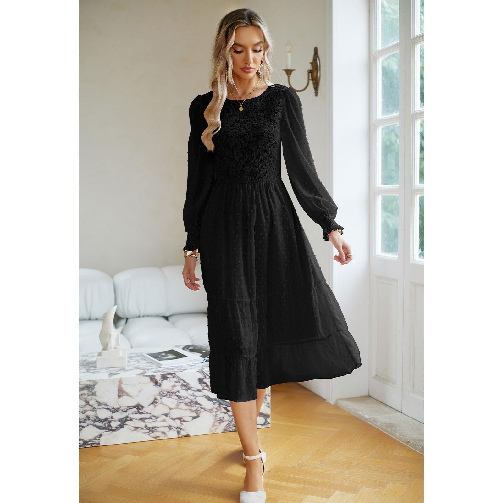 Women's Swiss Dot Long Sleeve Midi Dress - Round Neck Smocked Bodice, Tiered Flowy A-Line, Elastic Fabric, Feminine Balloon Casual Wear Dress