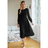 Women's Swiss Dot Long Sleeve Midi Dress - Round Neck Smocked Bodice, Tiered Flowy A-Line, Elastic Fabric, Feminine Balloon Casual Wear Dress