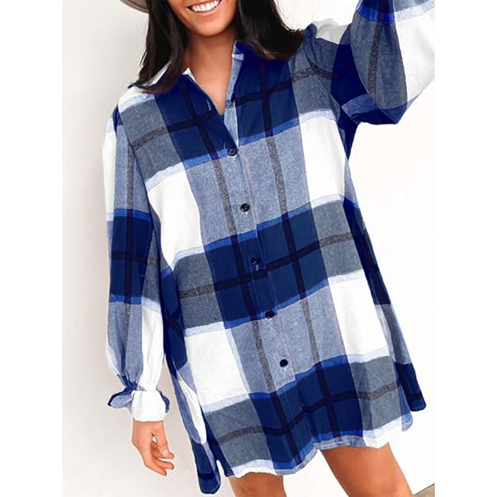 Women's Long Sleeve Flannel Plaid Button Down Shirts Lapels Casual Blouse