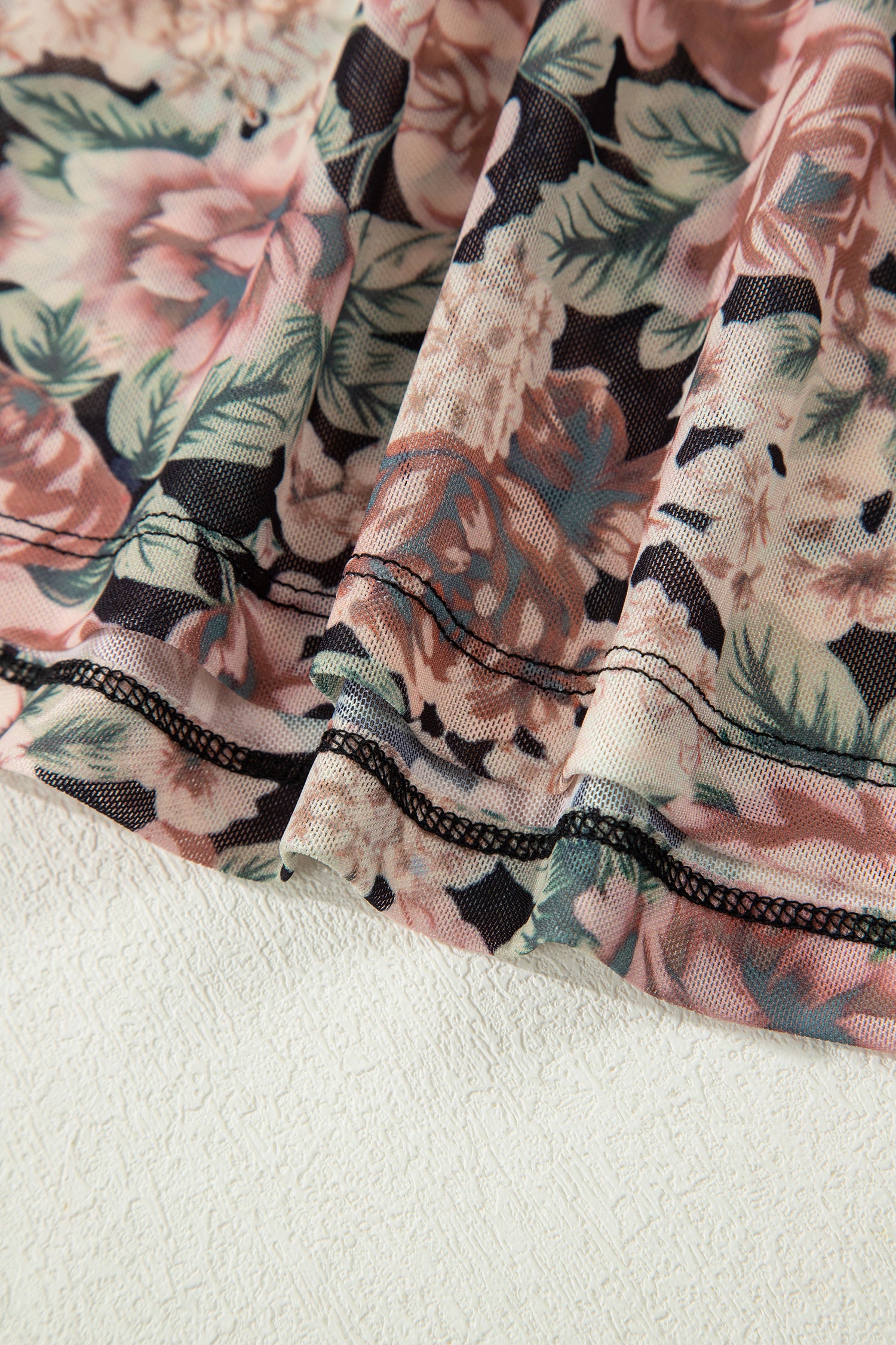 Black Floral Print Mesh Long Sleeve Foldover Off Shoulder Top