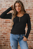 Black Lace Neckline Button Decor Lettuce Edge Long Sleeve Ribbed Top