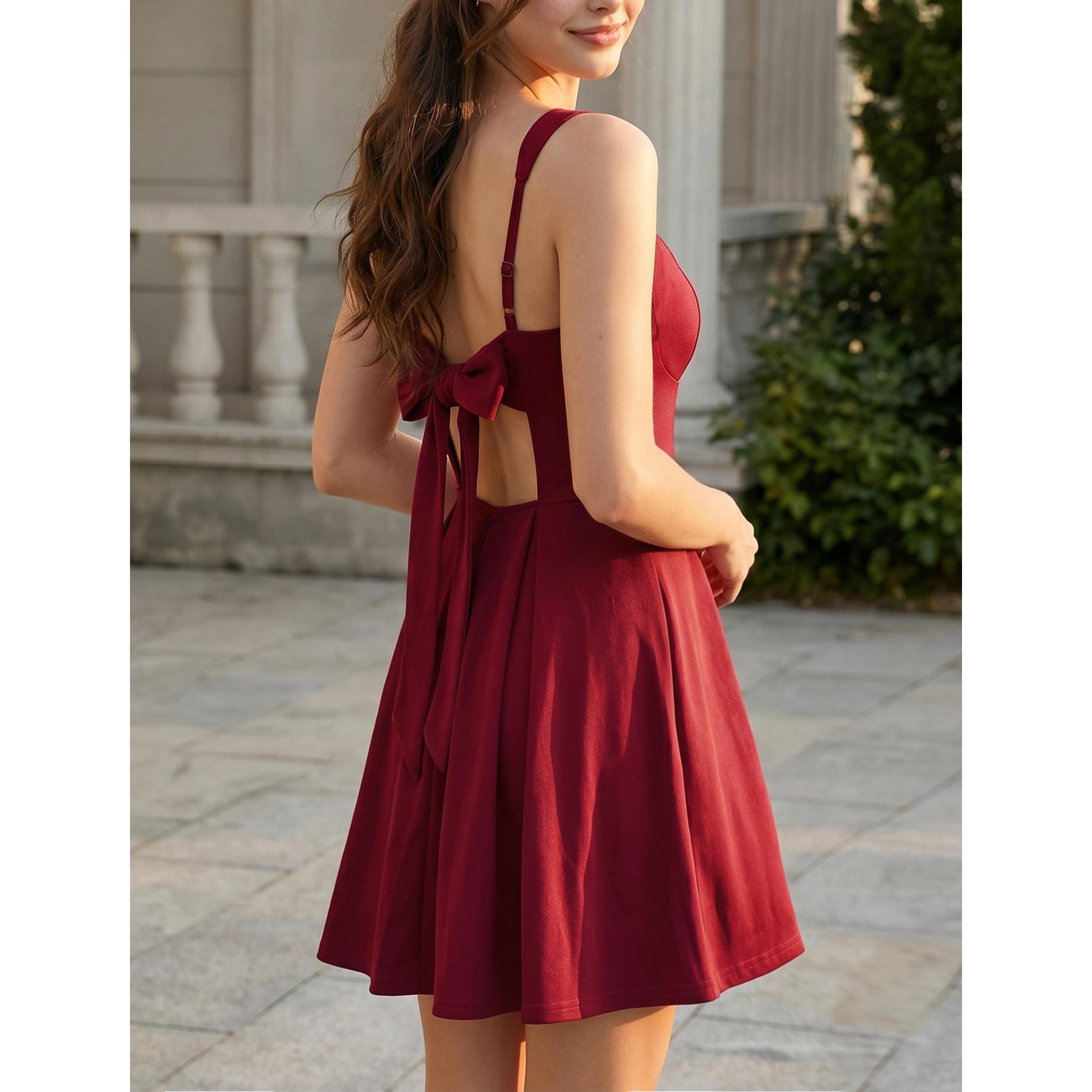 Women's Elegant Soft Square Neck Strappy Adjustable Strap Bow Back Cutout Flared A-Line Skater Mini Dress - Cocktail Attire, Wedding Guest Outfit, Night Out Clothes