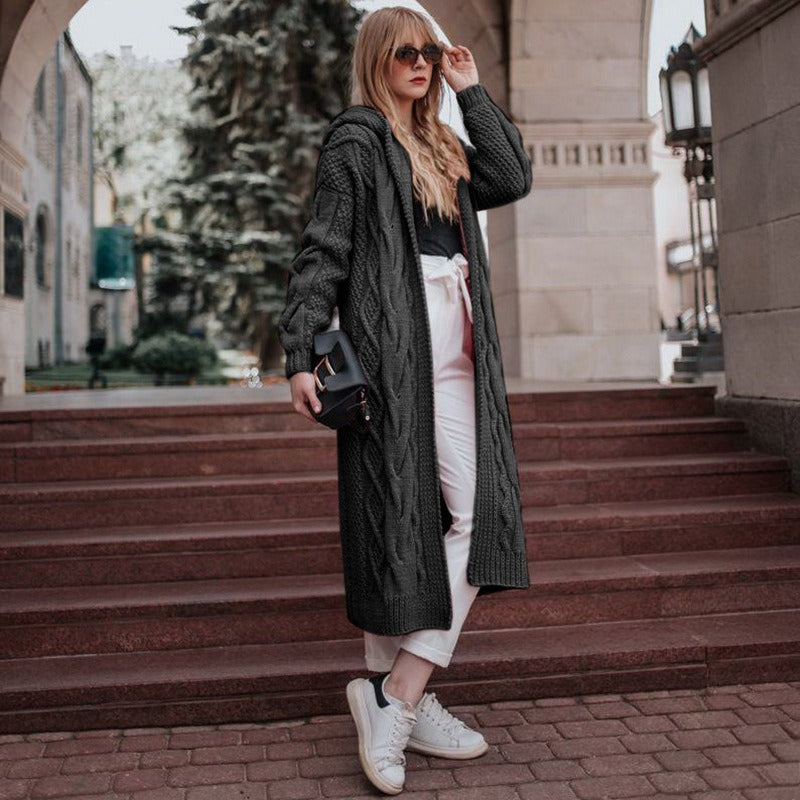 Women Solid Hooded Long Cardigan Sweater Twist Knitted Sweater