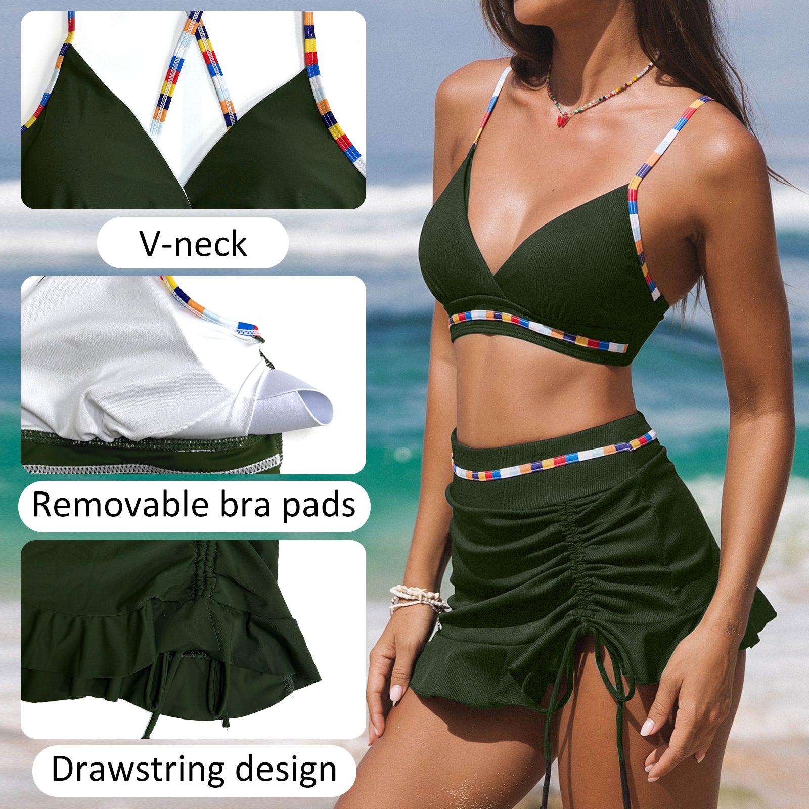 Solid Color Sexy Gathering Skirt Fashionable Women's Split Swimsuit