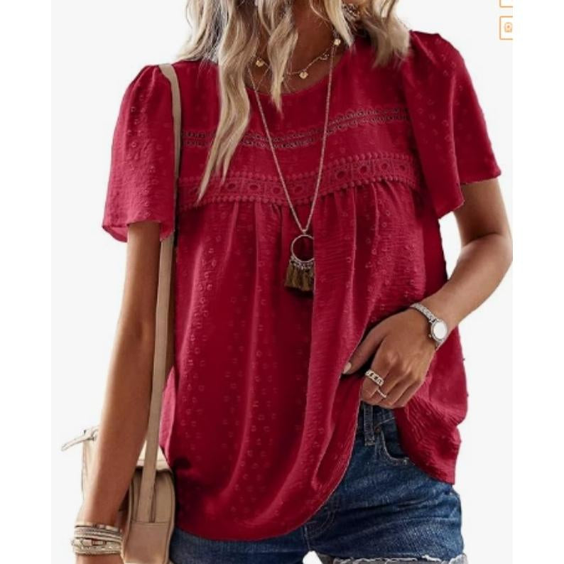 Women Swiss Dot Lace Tunic Top, Round Neck Puff Short Sleeve Loose Flowy Boho Blouse Casual Summer Shirt