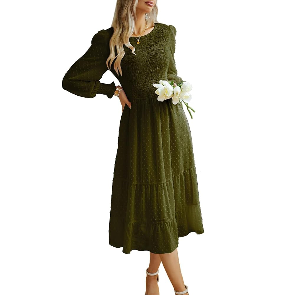 Women's Swiss Dot Long Sleeve Midi Dress - Round Neck Smocked Bodice, Tiered Flowy A-Line, Elastic Fabric, Feminine Balloon Casual Wear Dress