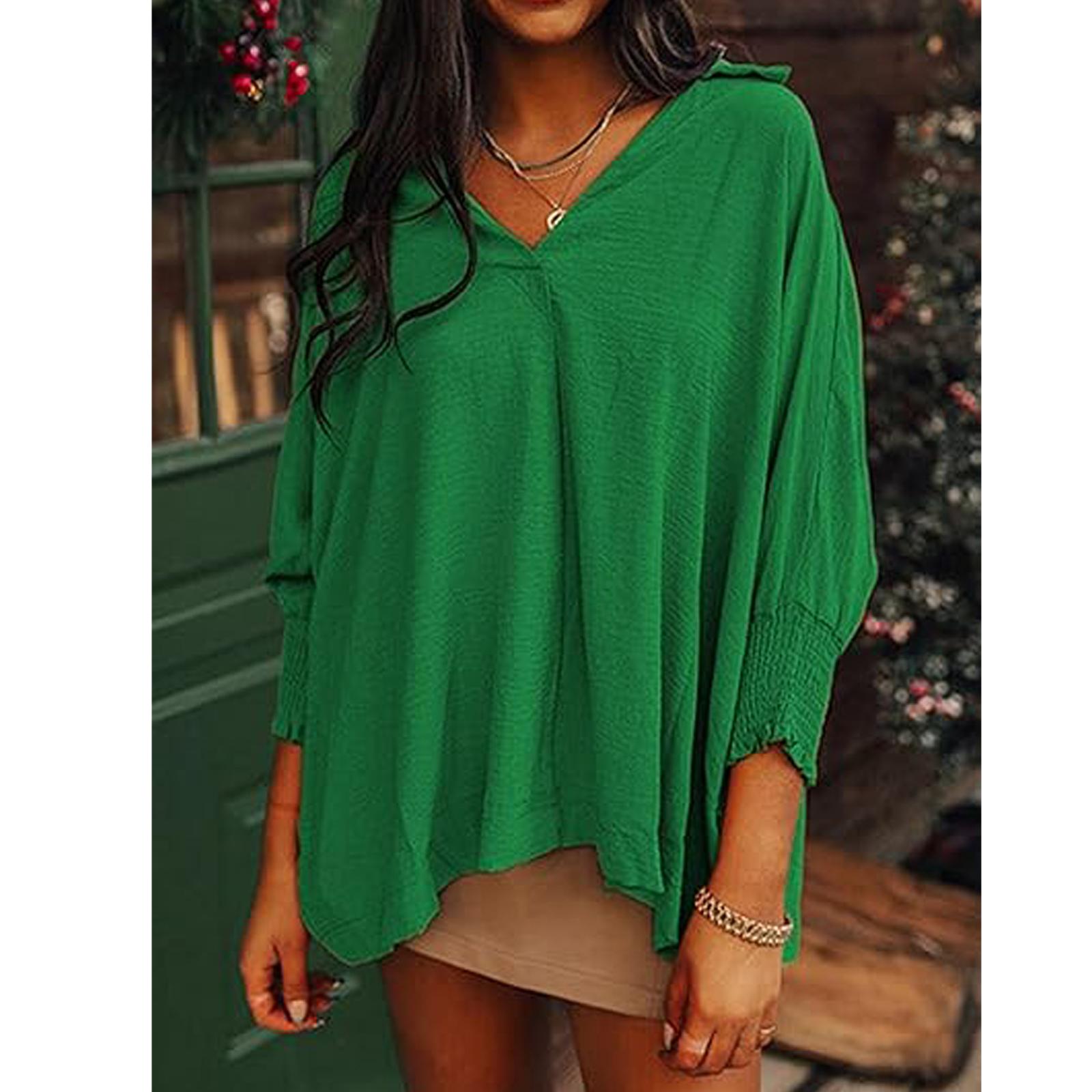 Women V Neck Collared Tunic Blouse, Oversized Loose 3/4 Lantern Smocked Sleeve Textured Casual Longline Shirt