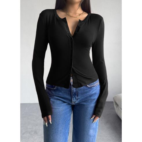 Women's Henley Neck Button-Down Long-Sleeve Cropped Blouse