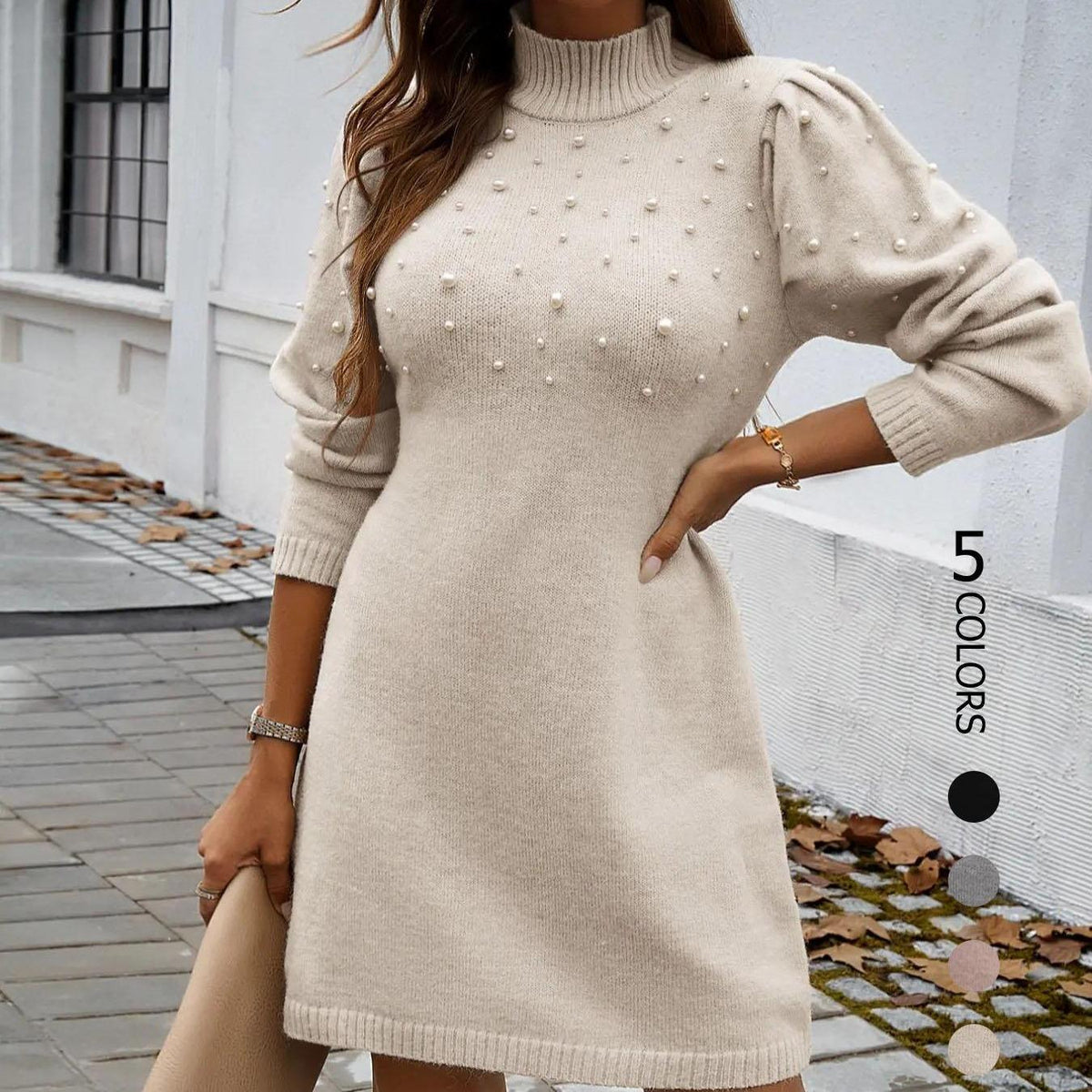 Women's pearl-embellished high-neck knit sweater dress with puff long sleeves, slim fit, bodycon, short length