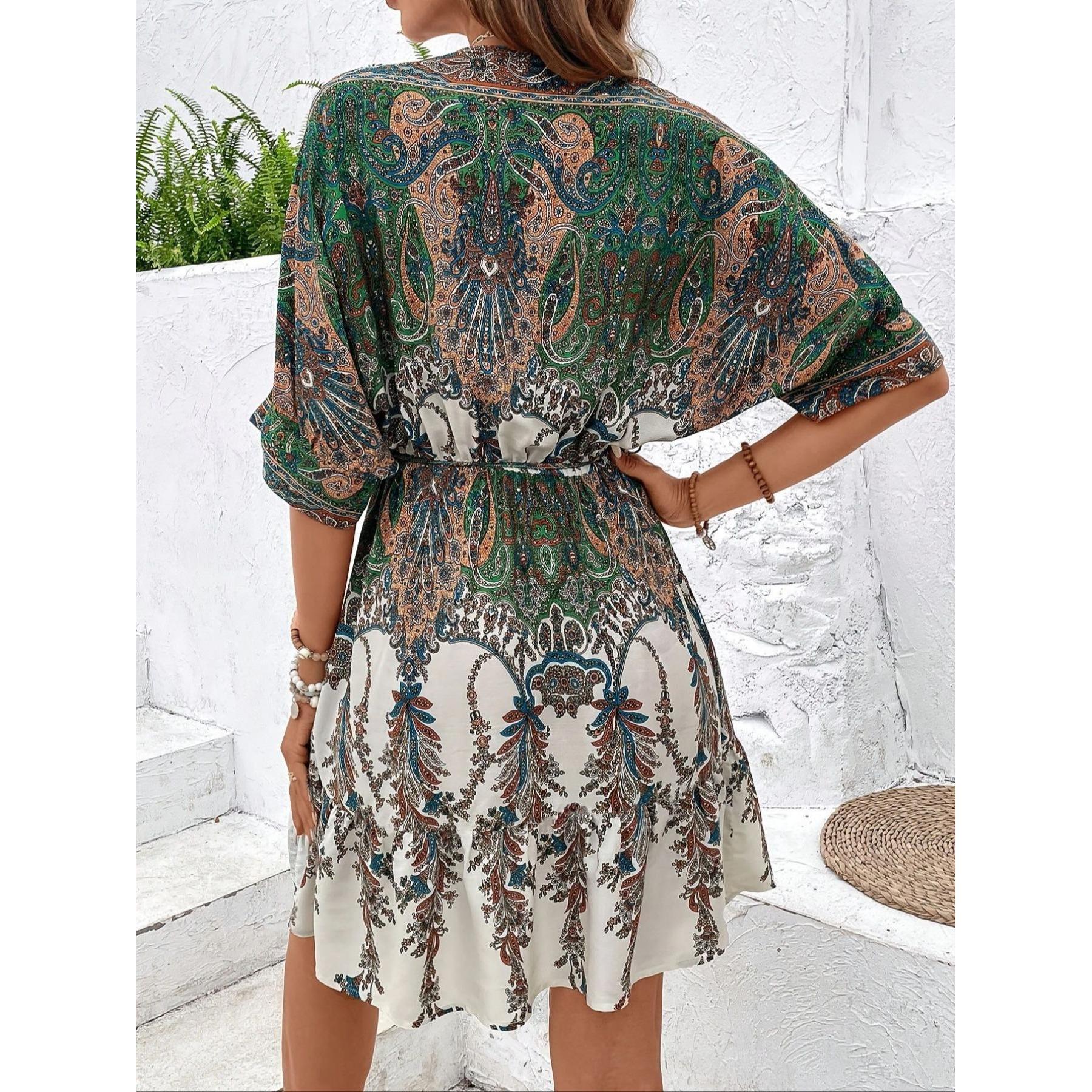 Women's Vintage Loose Boho Casual Paisley Print Mini Dress - Deep V-Neck, Batwing Sleeves, Drawstring Waist, Tiered Ruffled Hem, Gradient Fabric Summer Beach Vacation Dress