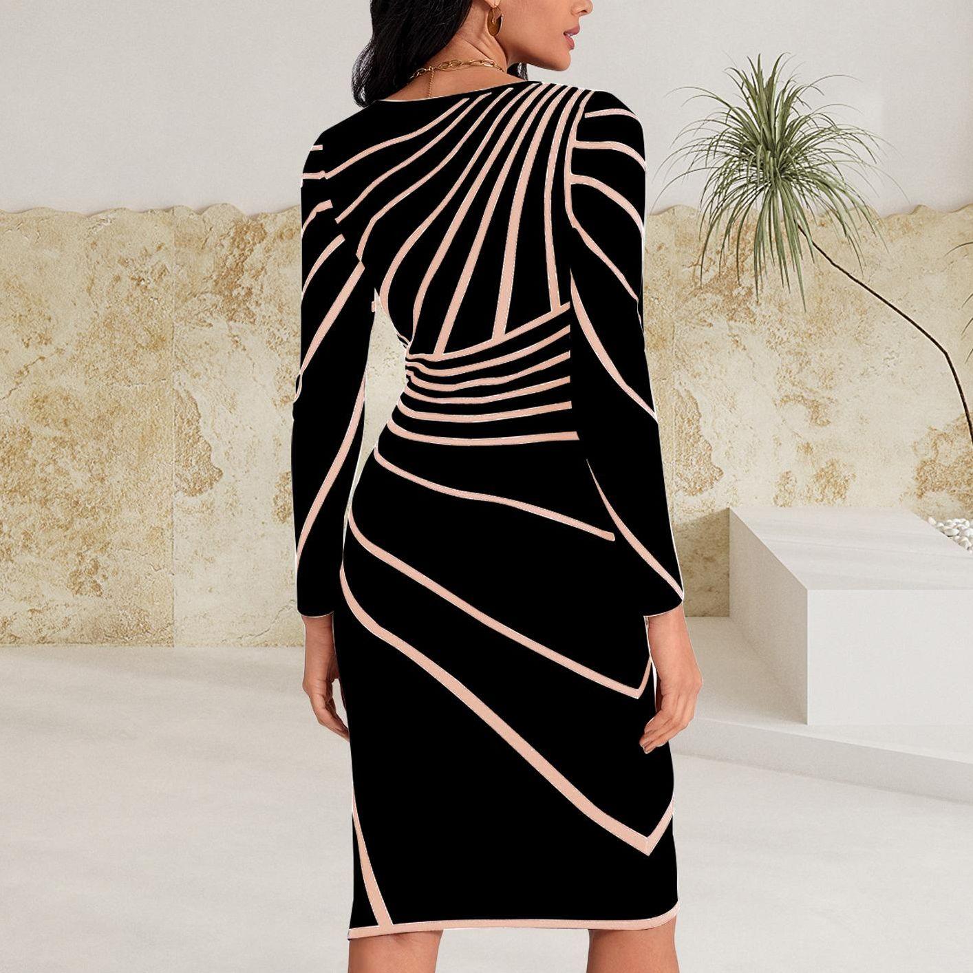 Women's Soft V-Neck Long-Sleeve Geometric Striped Knit Bodycon Slim Midi Dress - Evening Black Dress with Premium Fabric, Statement Formal Party & Office Wear