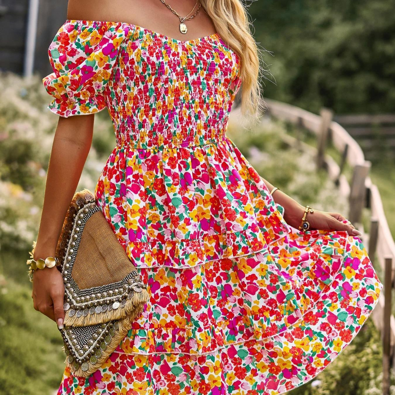 Women’s Comfortable Elegant Off-The-Shoulder Scoop Neck A-Line Mini Dress - Short Puff Sleeves, Ruffle Details, Ditsy Floral Print, Bohemian Pull-On Style for Vacations, Beach
