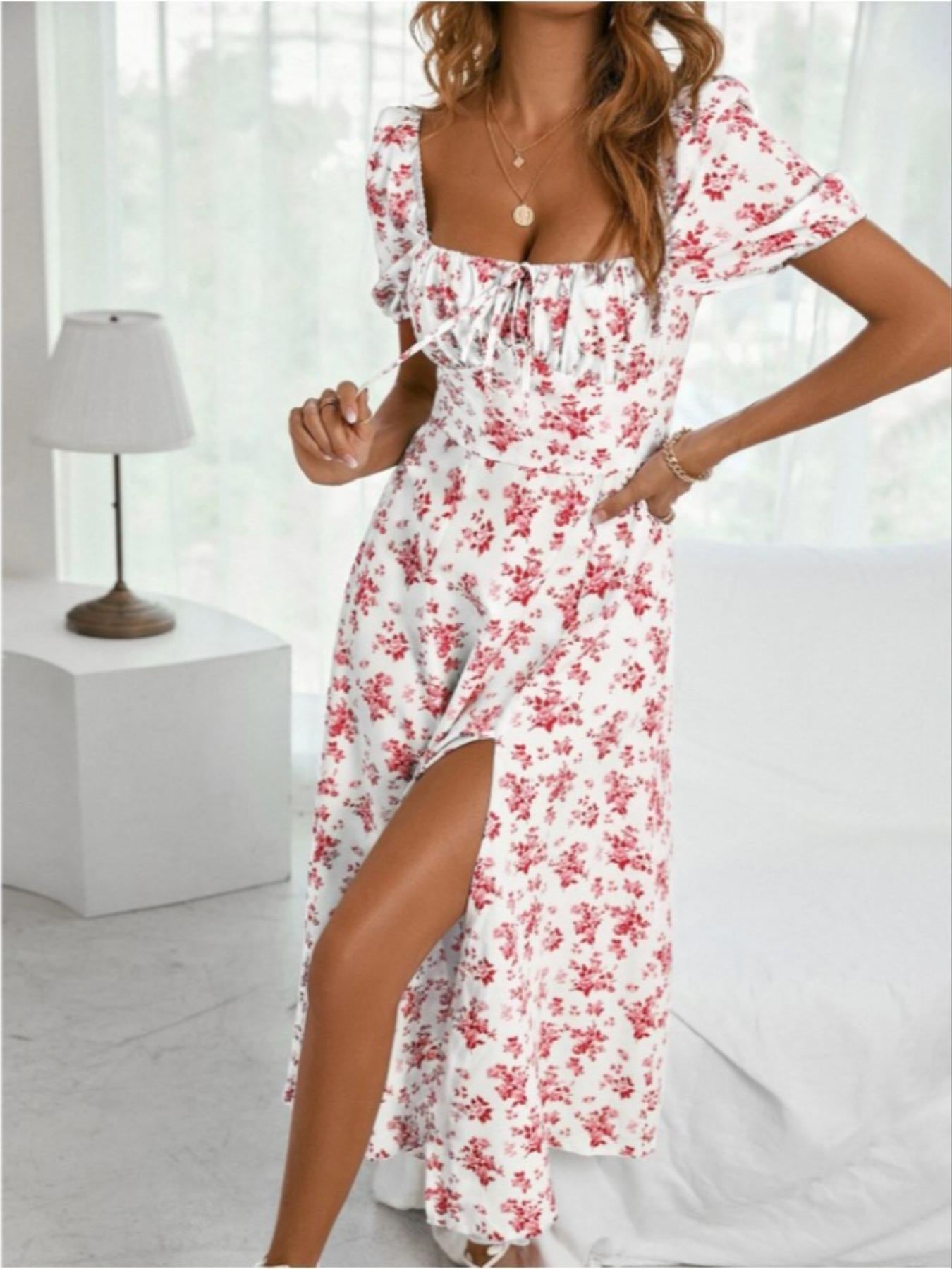 Women's French Style Fashion Casual Woven Floral Print Slim A-Line Maxi Dress - Square Neck, Short Sleeve, Cutout Backless, Side Slit, Dry Clean Compatible for Picnic, Party, Summer