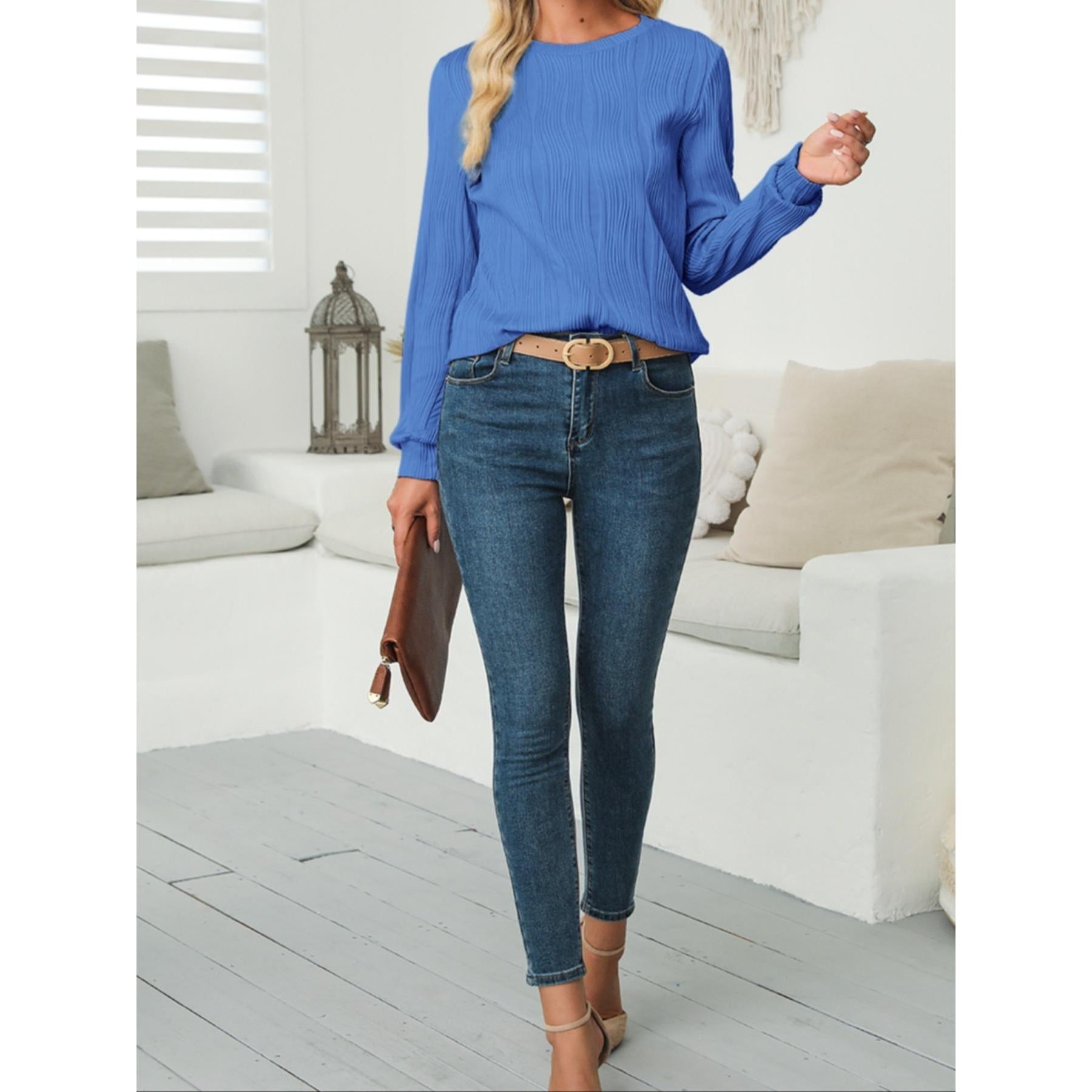 Women Wavy Textured Crew Neck Long Sleeve Top, Casual Lantern Sleeve Loose Fit Solid Color Basic Blouse, Fall Daily Wear Shirts