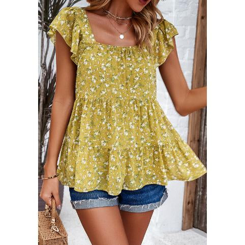 Women Ditsy Floral Square Neck Blouse Ruffle Cap Sleeve Tiered Flowy Babydoll Top Casual Summer Vacation Chiffon Shirt