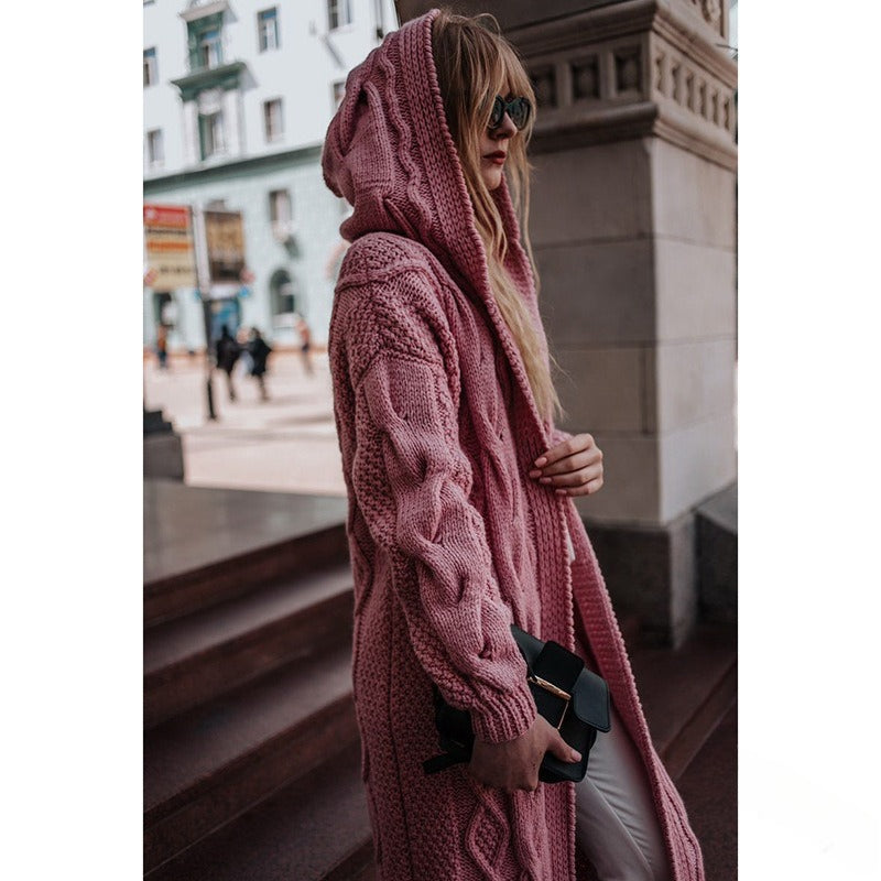 Women Solid Hooded Long Cardigan Sweater Twist Knitted Sweater