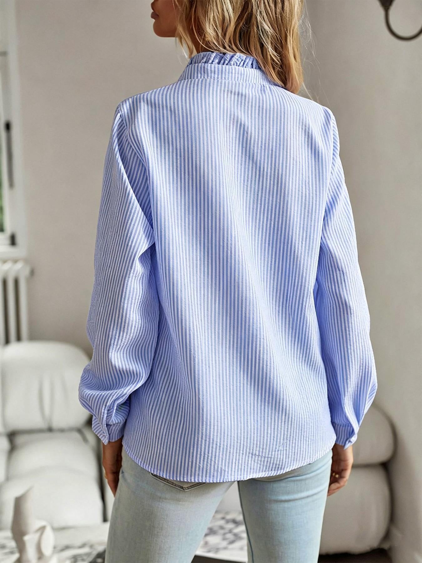 Women's Striped Stand-Collar Blouse - Ruffled Trim, Long Sleeves, Button-Front Top, Elegant Style Piece for Everyday Casual Commuting, Pair with Jeans