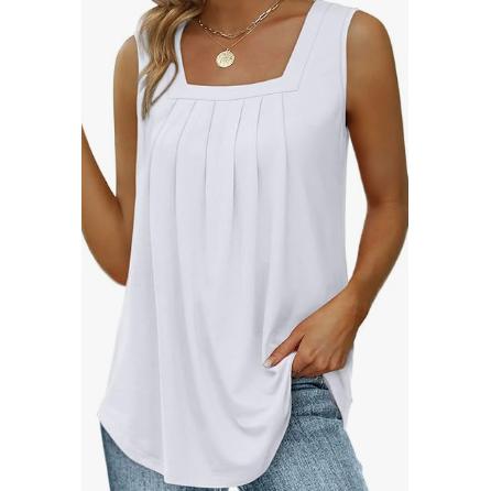 Women Square Neck Pleated Tank Top Loose Curved Hem Sleeveless Shirts Casual Summer Flowy Camisole Tops
