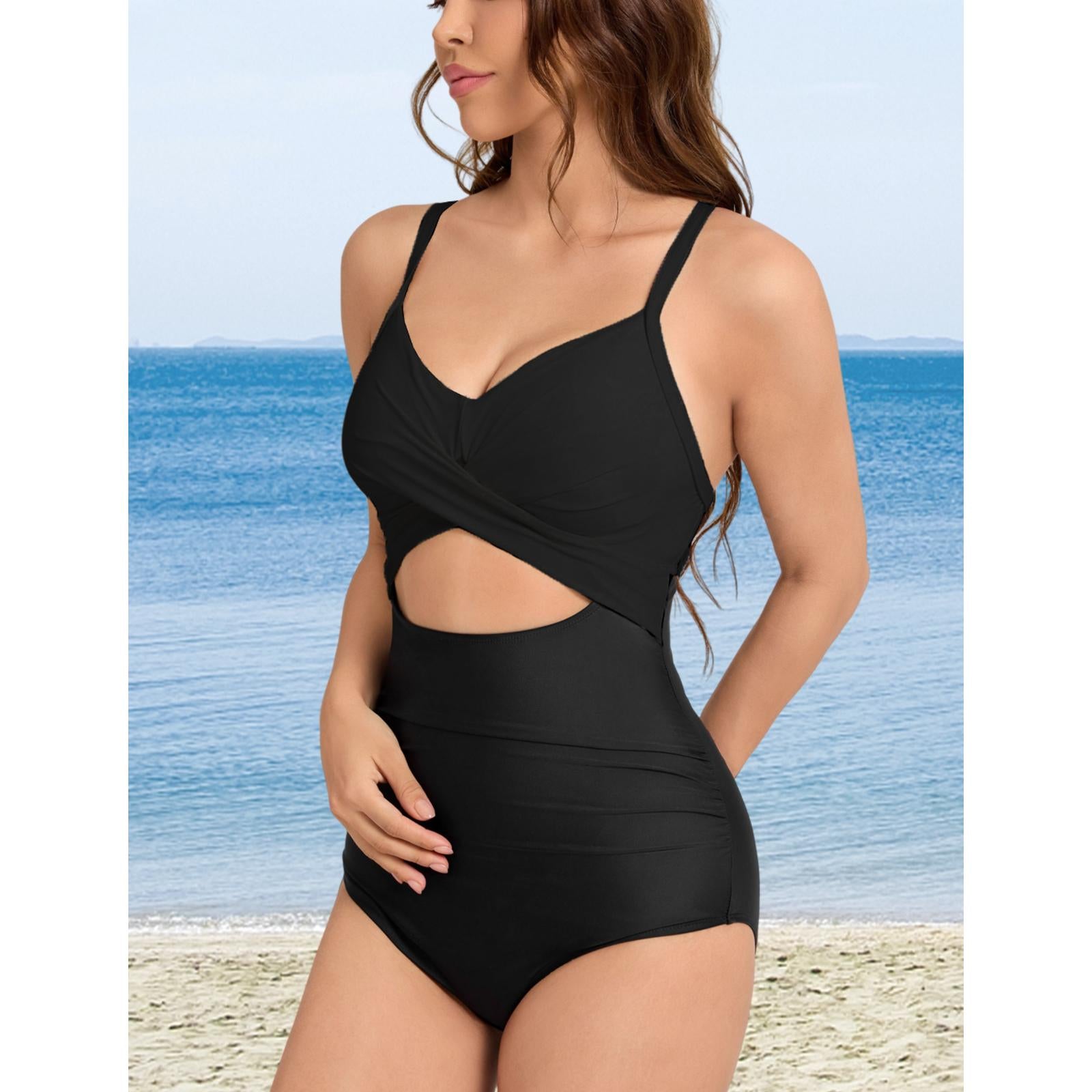 Women's Solid Color Hollow-Out Cut-Out Stretchable Synthetics Sleeveless Elastane 1-Piece Swimsuit - Quick Dry, Breathable, Fitted Streamlined Cut Beachwear Swimdress, Hand Wash Only for Beach Vacations
