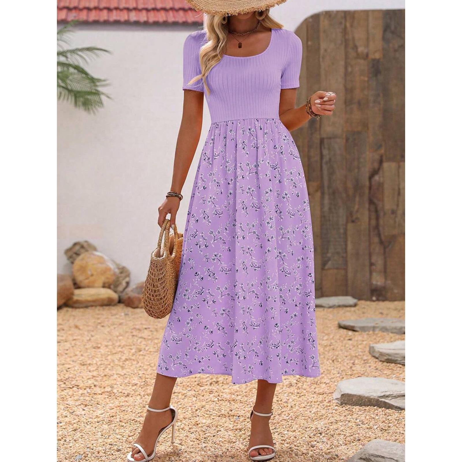 Women's Square Neck Short Sleeve Ribbed Knit High Waist Flowy Boho Midi Dress - Floral Accents Casual Dresses for Daily, Holiday Wear, Women's Dresses