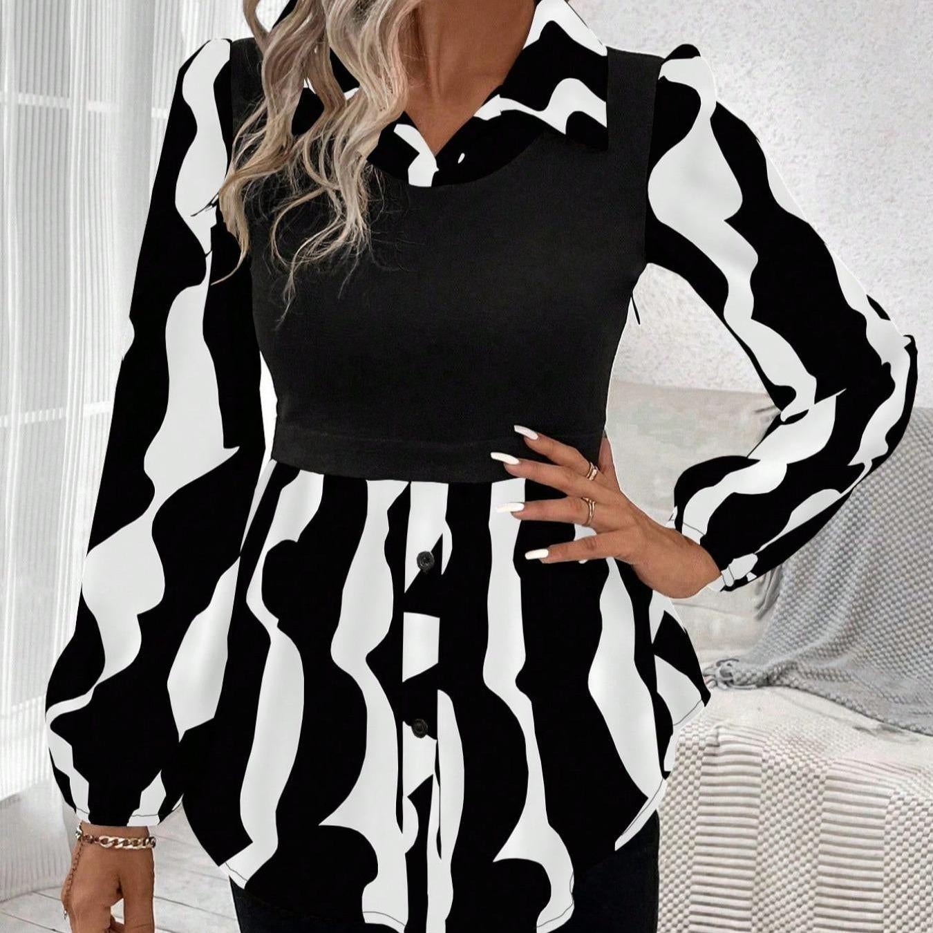 Lady's Ribbed Basic Chic Fabric Fake 2-Piece Peplum Blouse - Collared Puff Long Sleeve Print Patchwork Tunic Top, Elegant Casual Fall Womenswear