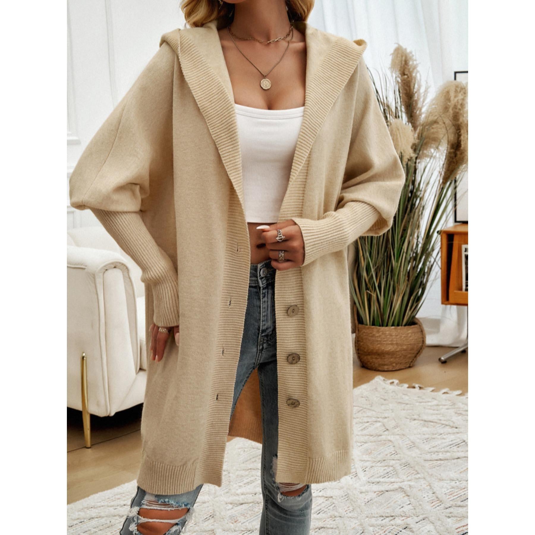 Women Oversized Hooded Long Knit Cardigan, Button Front Batwing Sleeve Casual Sweater Coat, Fall Winter Loose Outerwear