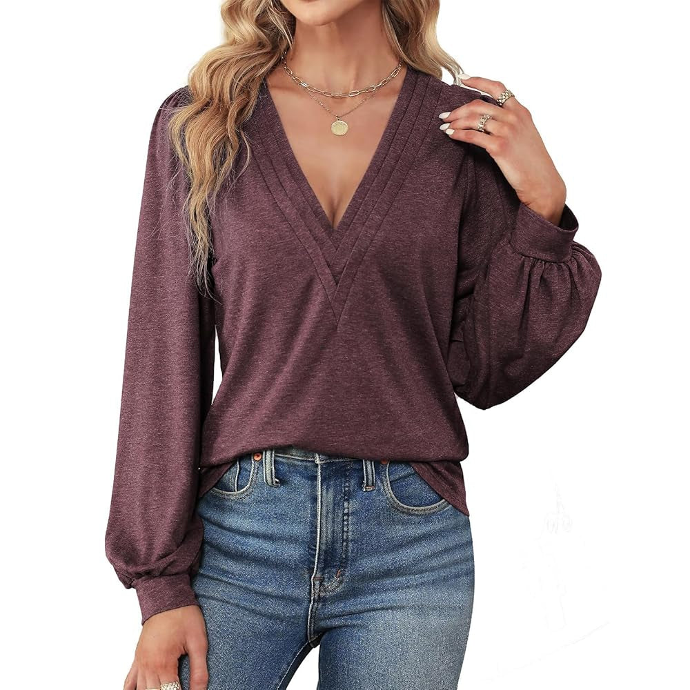 Women's Feminine Knit Deep V-Neck Long Sleeve Blouses - Puff Lantern Sleeves, Pleated Front, Basic Comfy Stretchy Solid Color Loose Fit Casual Shirts for Daily Wear
