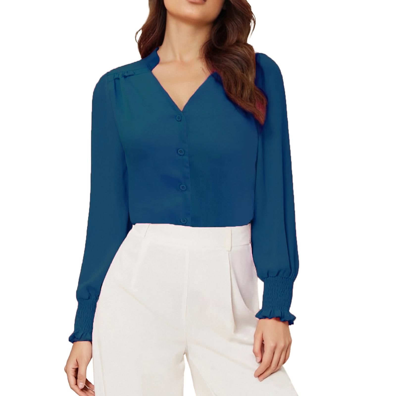 Women's V-Neck Ruffle Collar Long Sleeve Blouse, Smocked Cuff Button Down Puff Sleeve Elegant Work Chiffon Top