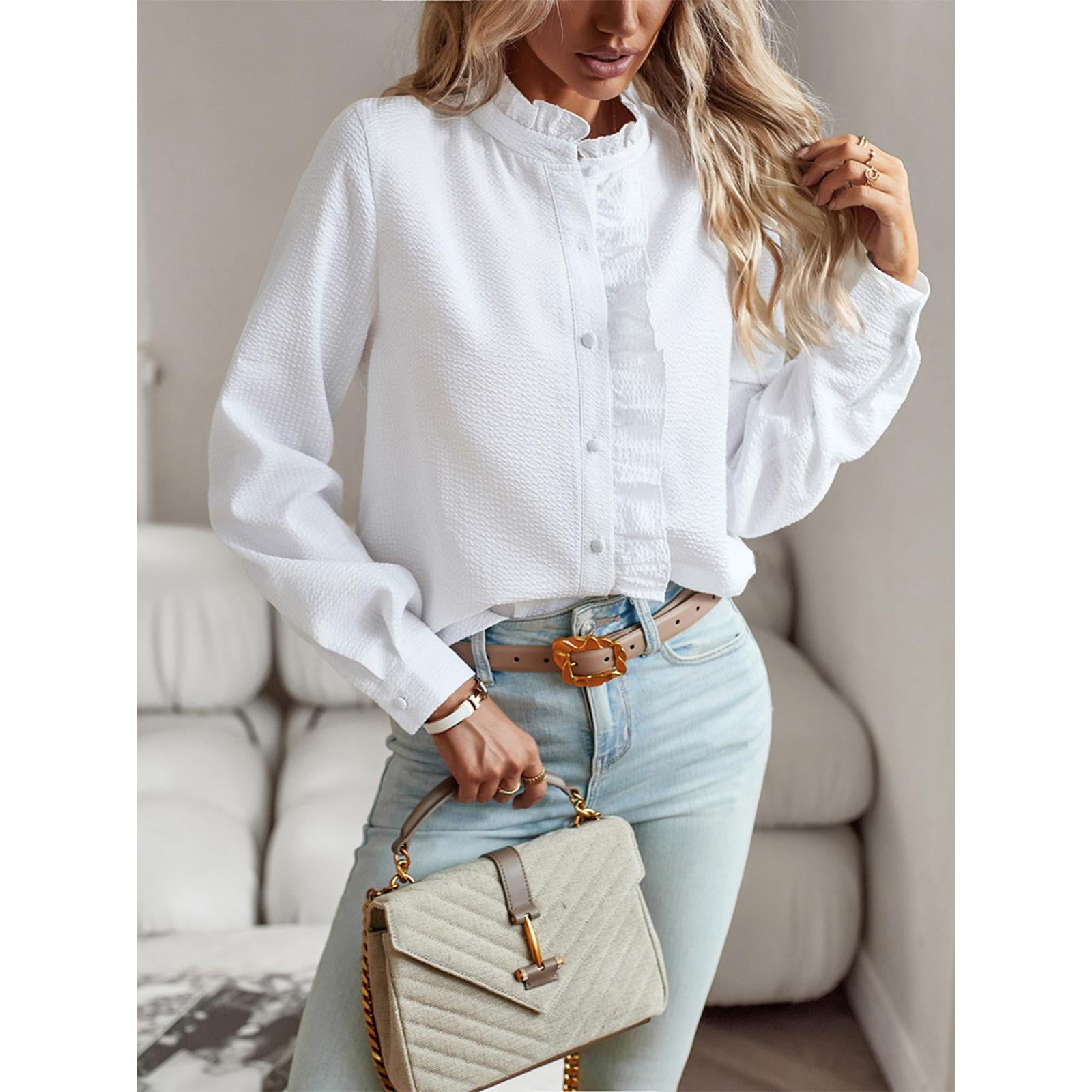 Women's Striped Stand-Collar Blouse - Ruffled Trim, Long Sleeves, Button-Front Top, Elegant Style Piece for Everyday Casual Commuting, Pair with Jeans