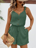 Women's Sleeveless Fitted Crinkle Breathable Romper - Adjustable Elastic Waist, Knot Spaghetti Straps, V-Neck, Drawstring, Button, Pockets, Beach Summer Casual Outdoor Shorts Jumpsuit