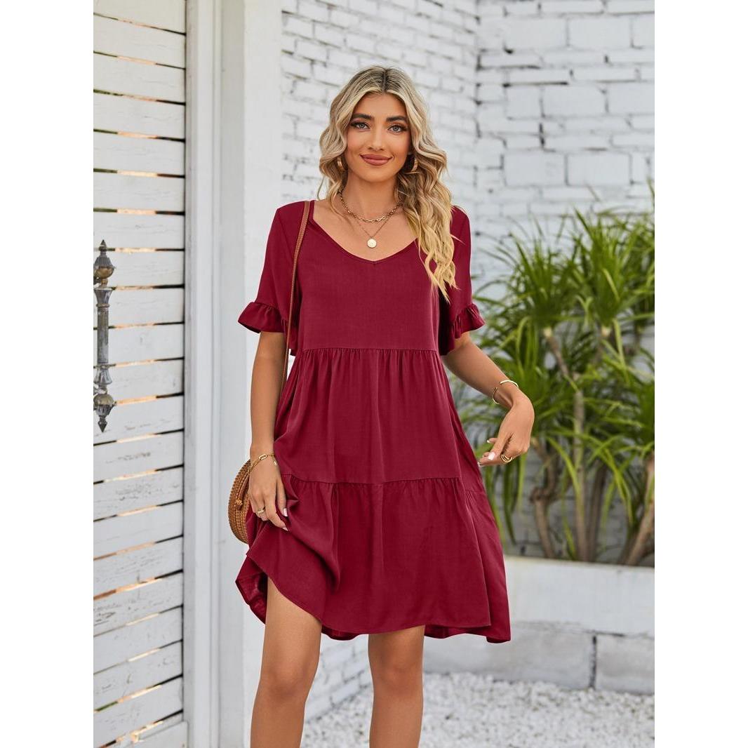Women's Oversized Minimalist V-Neck Ruffle Short-Sleeve Tiered Midi Dress - Lightweight Soft Basic Breathable Fabric, Feminine Casual Summer Wear