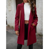 Women Lapel Open Front Mid Length Wool Blend Coat, Elegant Long Sleeve Casual Outerwear for Fall Winter, 2 Colors Wine Red / Black