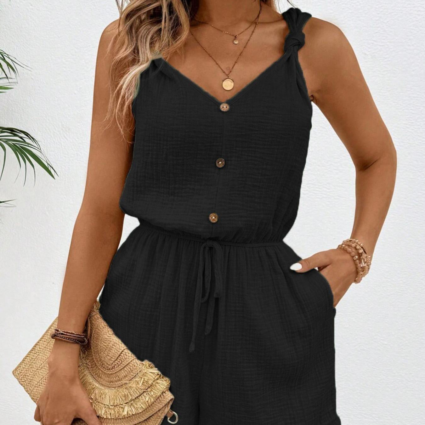 Women's Sleeveless Fitted Crinkle Breathable Romper - Adjustable Elastic Waist, Knot Spaghetti Straps, V-Neck, Drawstring, Button, Pockets, Beach Summer Casual Outdoor Shorts Jumpsuit