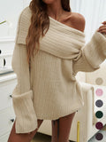 Women's Sexy Off-Shoulder Fold-Over Knit Sweater - Soft Fabric, Loose Fit, Oversized Long-Sleeve Ribbed Pullover for Fall Winter Tops