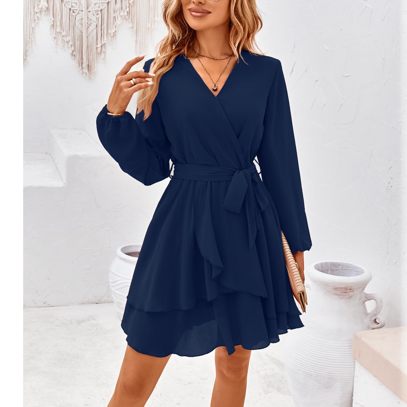 Women's Breathable Chic V-Neck Wrap Lantern Long-Sleeve Chiffon Dress - Belt Tie Waist, Layered Ruffle A-Line Mini Dress for Day, Evening, Casual Cocktail Occasions (Emerald Option Available)