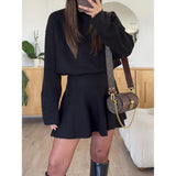 Women's Feminine Elegant 2-Piece Turtleneck Knit Outfit Set - Oversized Long Sleeve Soft Basic Sweater Top, High Waist Flared Mini Skirt for Fall Winter Casual Wear