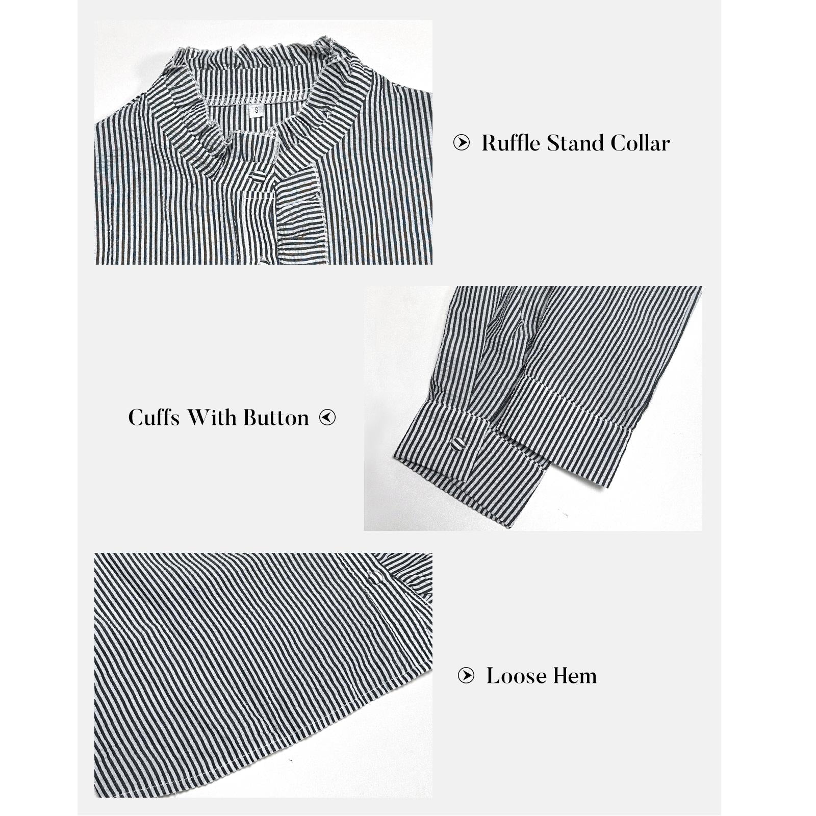 Women's Grey Striped Ruffle Blouse - Long Sleeve, Loose Fit, Casual Office Wear Shirt Top