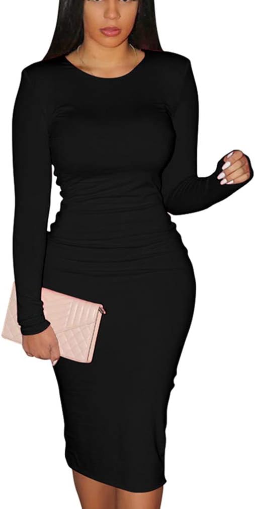 Women's Sexy Bodycon Long Sleeve Round Neck Work Office Midi Pencil Dress
