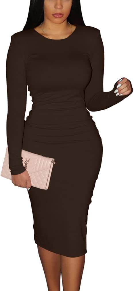 Women's Sexy Bodycon Long Sleeve Round Neck Work Office Midi Pencil Dress