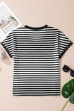 Black Striped Print V Neck Delicate Trim Casual Tee