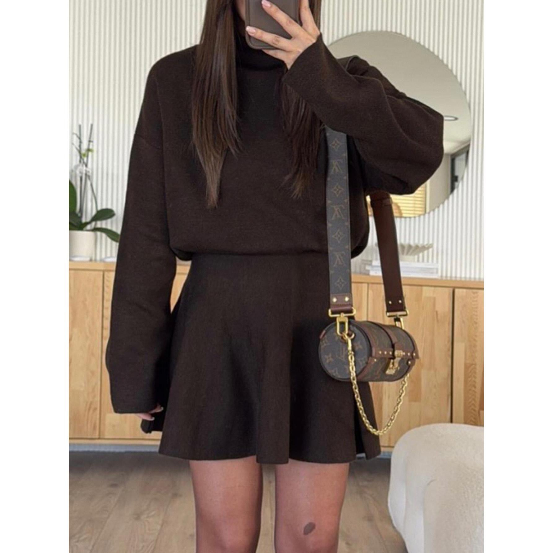 Women's Feminine Elegant 2-Piece Turtleneck Knit Outfit Set - Oversized Long Sleeve Soft Basic Sweater Top, High Waist Flared Mini Skirt for Fall Winter Casual Wear