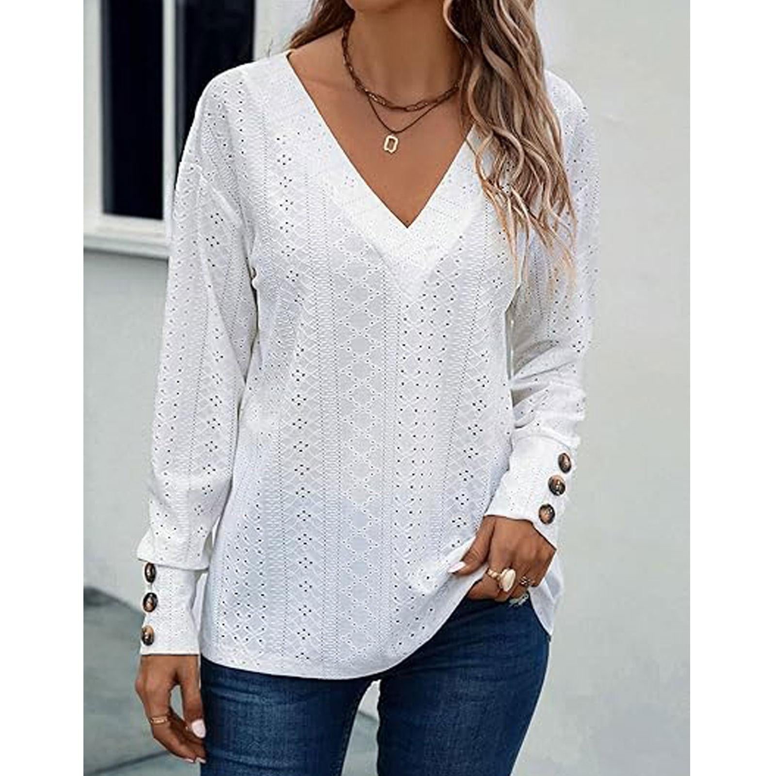 Women's V Neck Long Sleeve Eyelet Hollow Out Top, Decorative Button Cuff Loose Casual Solid Color Blouse